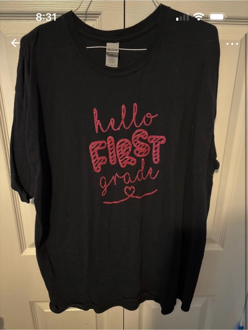 Gildan ladies 'Hello First Grade' Black Tee with Pink Glitter Print